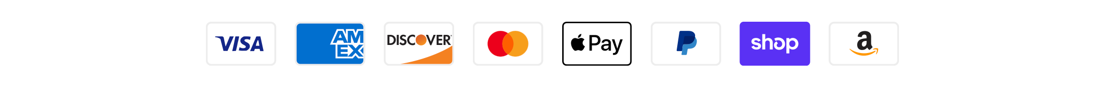 Row of accepted payment method icons including Visa, American Express, Discover, Mastercard, Apple Pay, PayPal, Shop Pay, and Amazon Pay, indicating multiple secure checkout options.